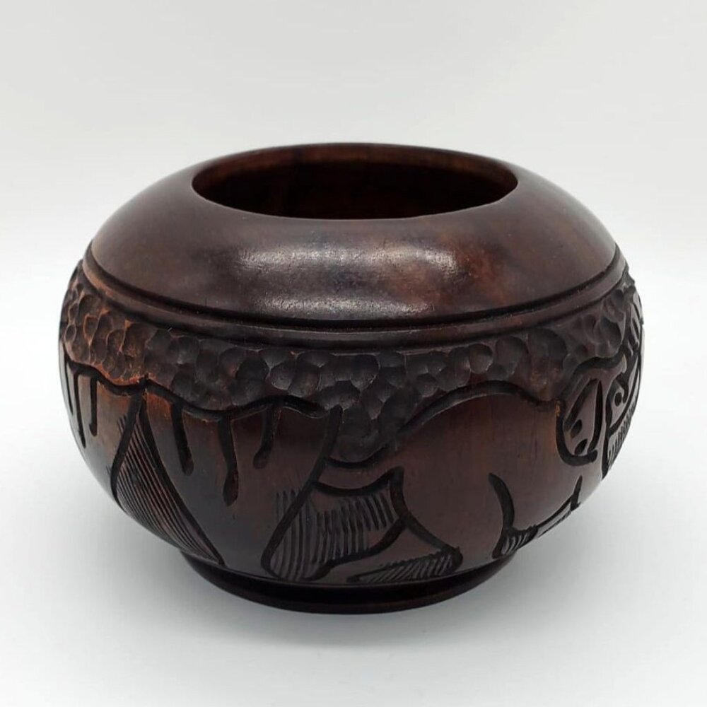 Vintage Hand Carved African Wood Folk Art Trinket Bowl